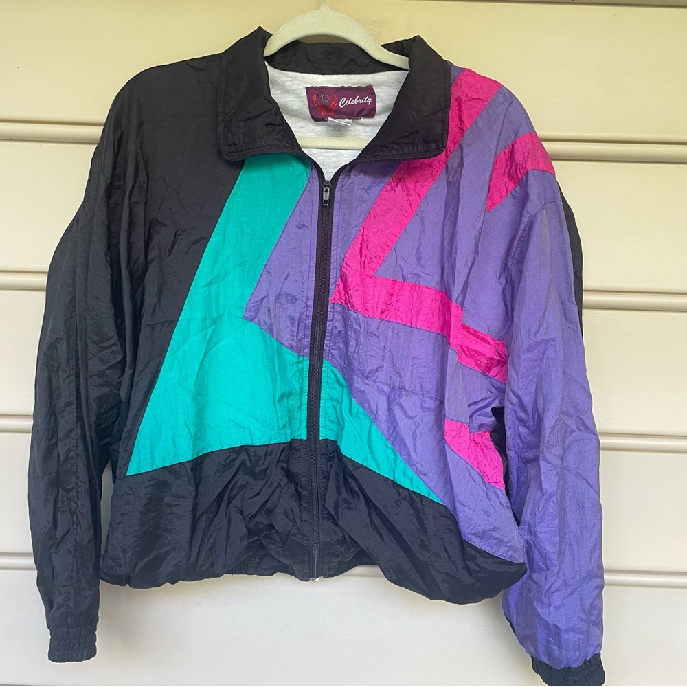 Vintage Celebrity Colorblock Full Zip Windbreaker Jacket Black Multi L